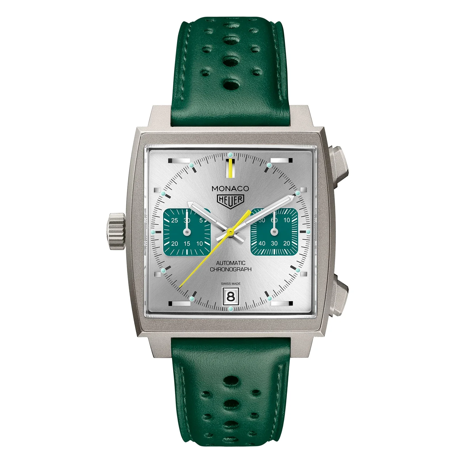 Monaco Chronograph Racing Green | 39mm, Titanium, Leather, Silver Dial