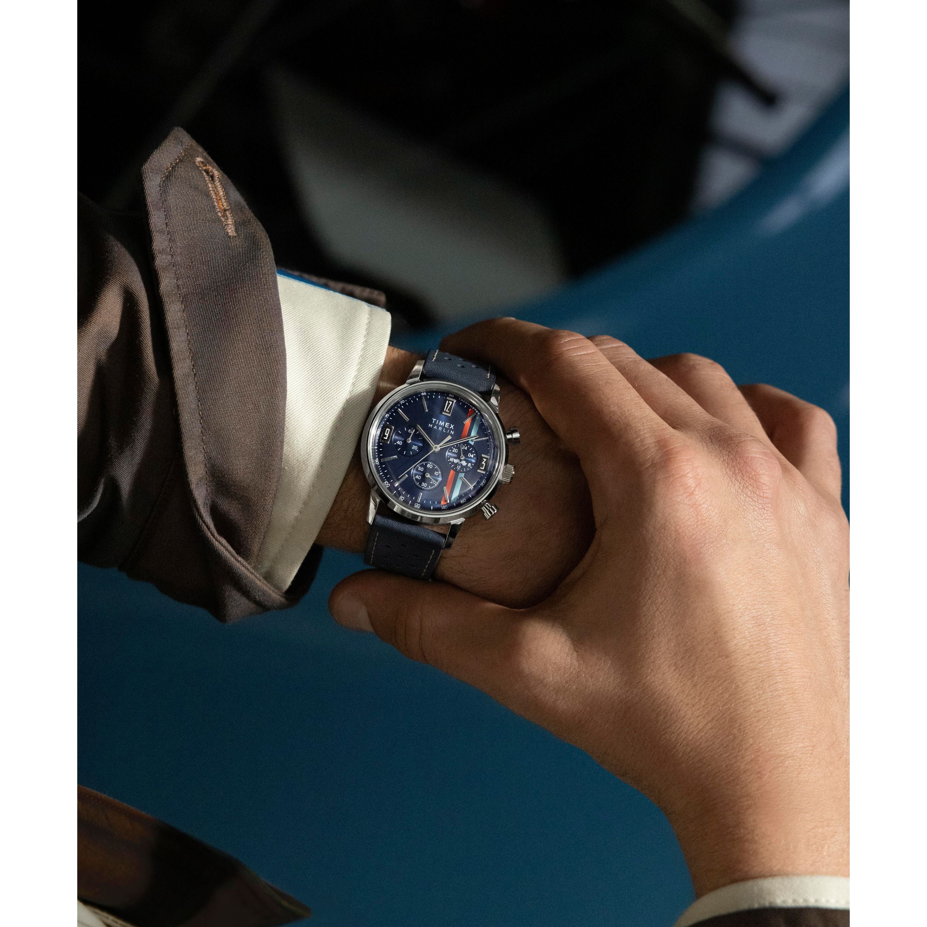 Marlin® Chronograph Tachymeter | 40mm, Steel, Leather, Blue Dial - Image 7