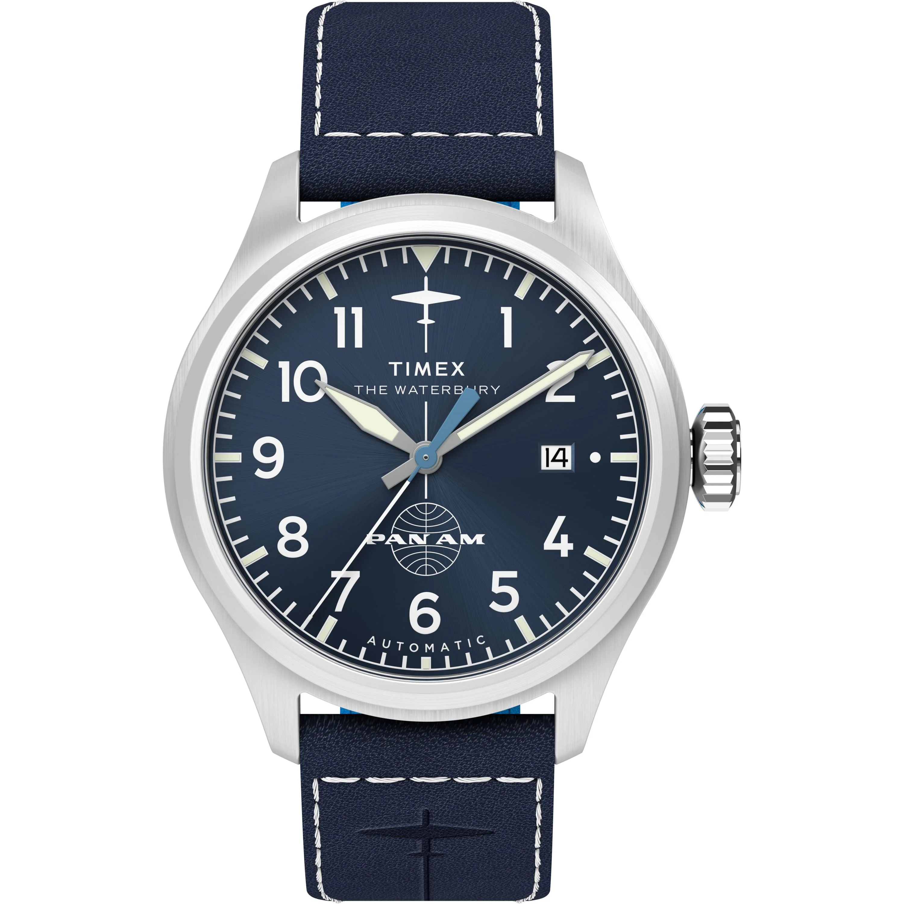 Timex x Pan Am® Waterbury Automatic Ace | 41mm, Steel, Leather, Blue Dial