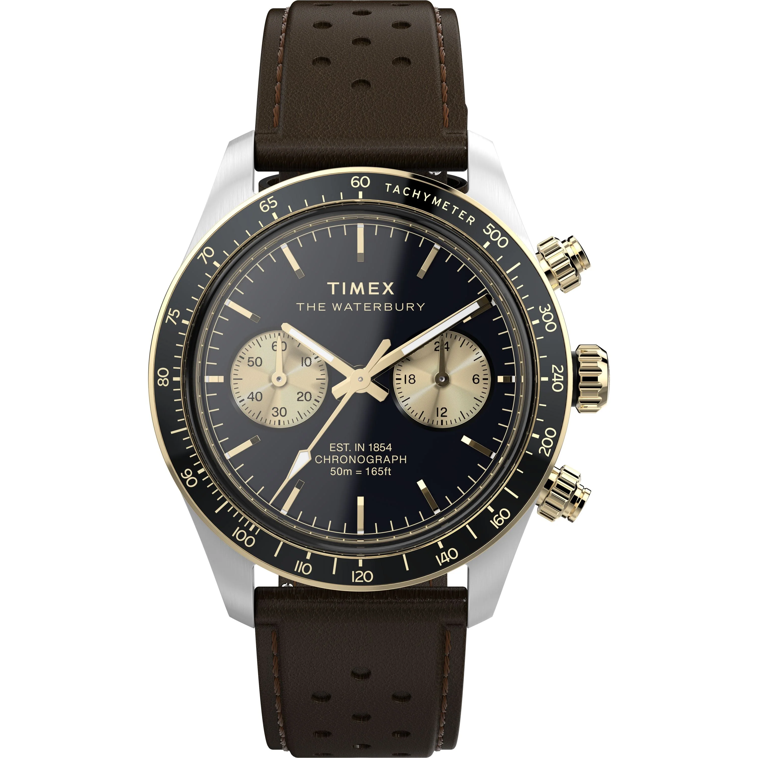 Waterbury Heritage Chronograph | 39mm, Steel, Leather, Black Dial
