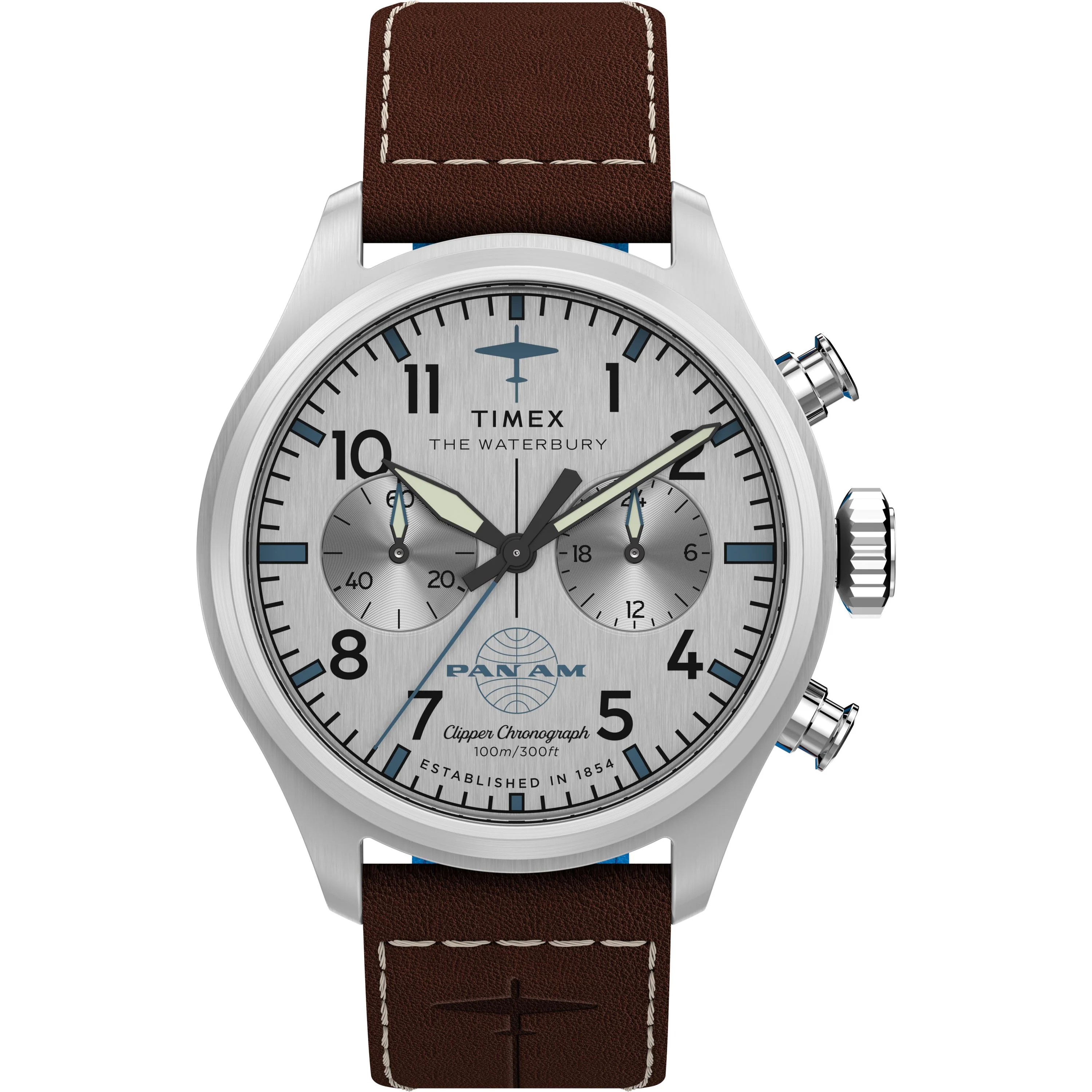 Timex x Pan Am® Waterbury Ace Chronograph | 41mm, Steel, Leather, Silver Dial