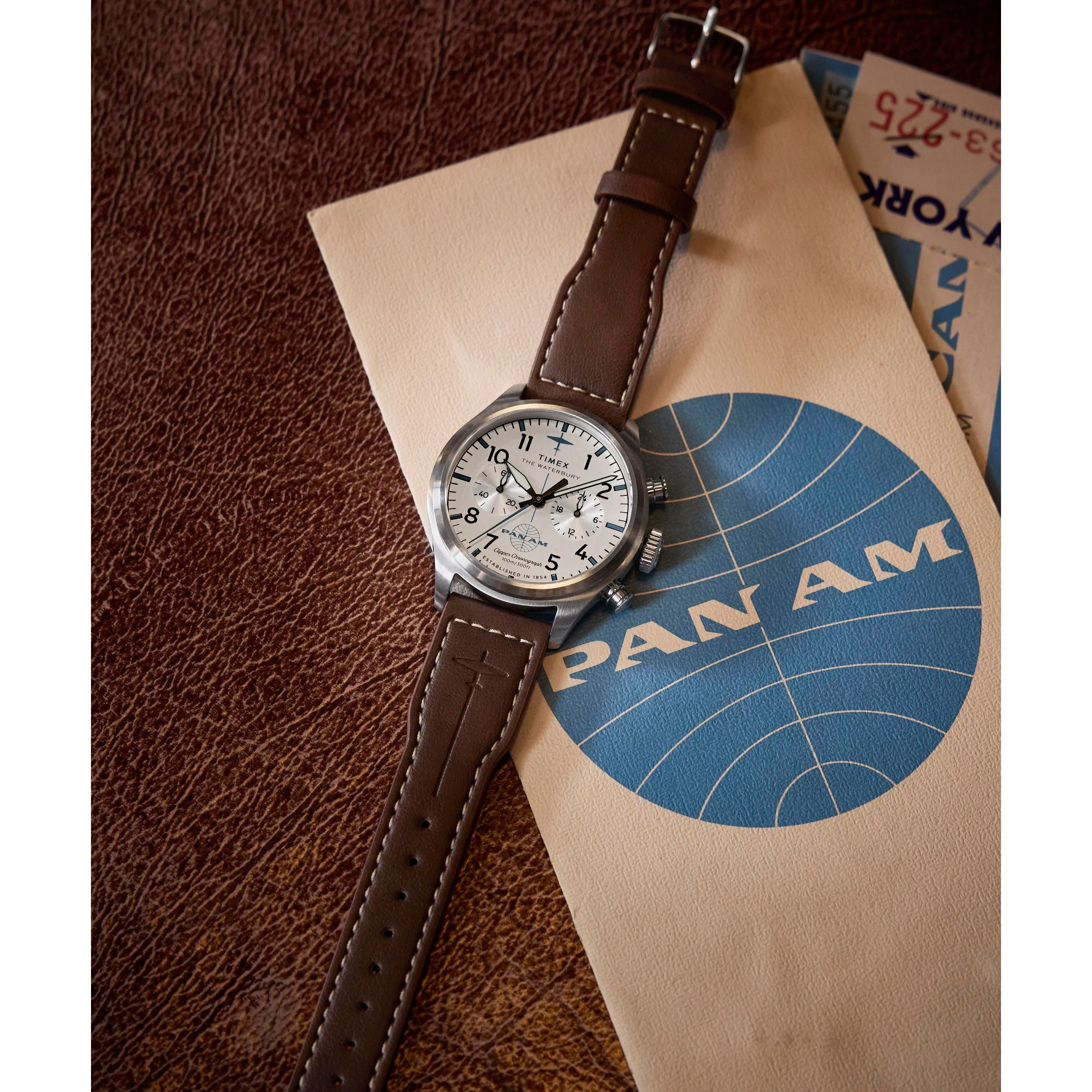 Timex x Pan Am® Waterbury Ace Chronograph | 41mm, Steel, Leather, Silver Dial - Image 7
