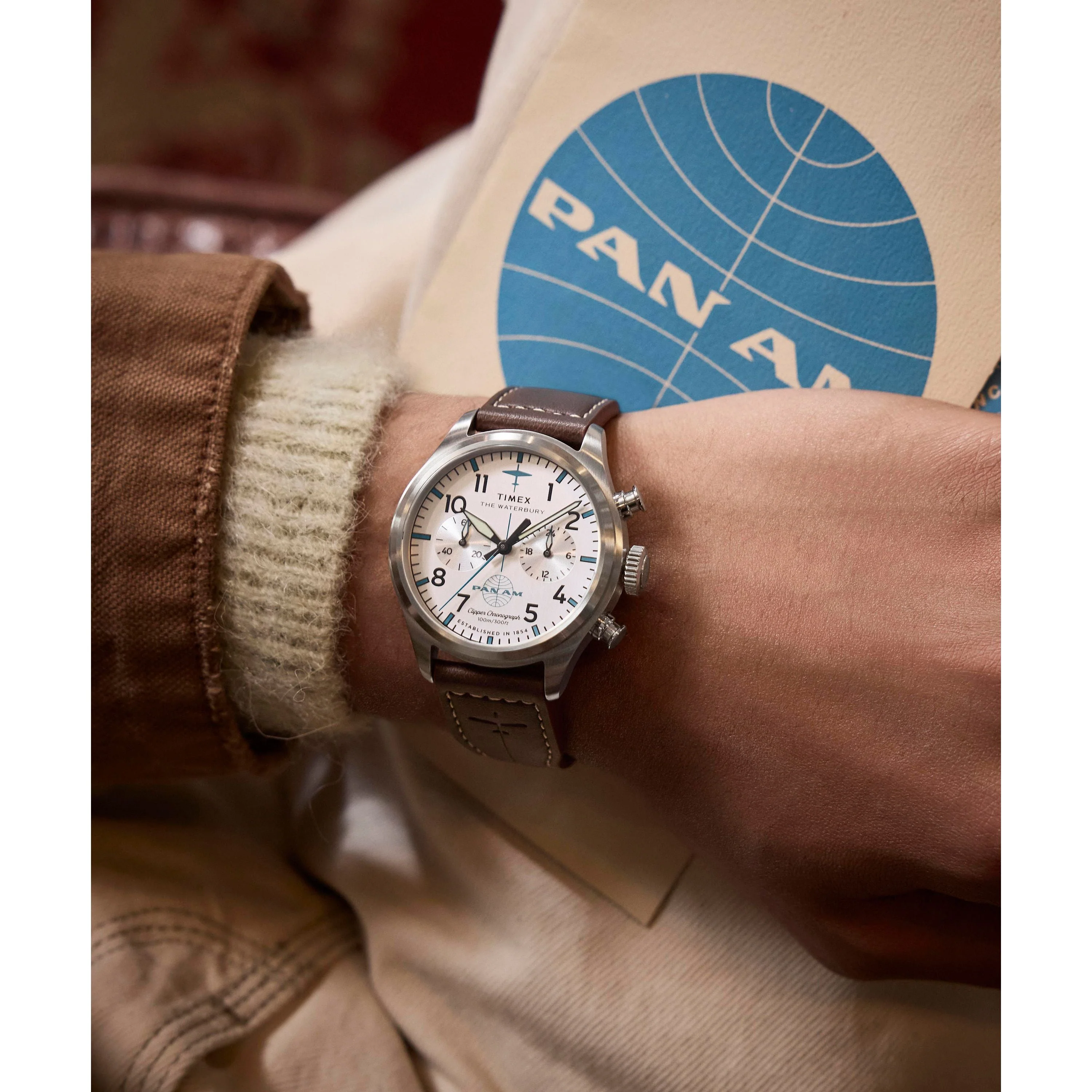 Timex x Pan Am® Waterbury Ace Chronograph | 41mm, Steel, Leather, Silver Dial - Image 8
