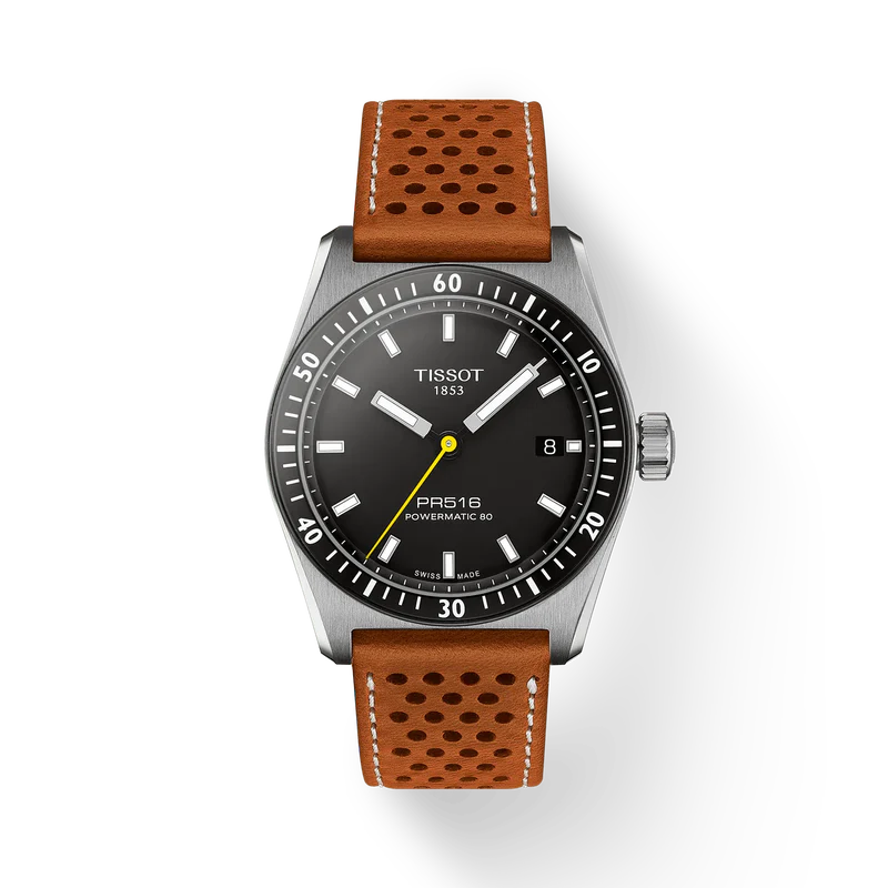 PR516 38 | 38mm, Steel, Leather, Black Dial