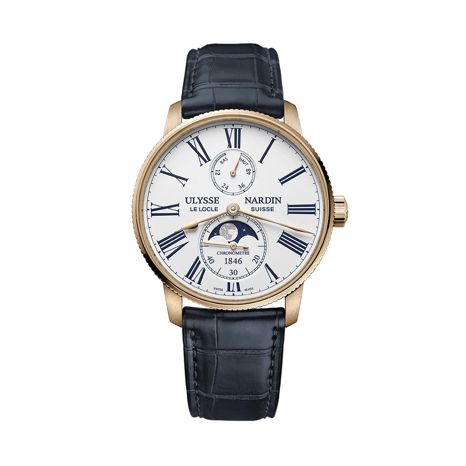 Marine Torpilleur Moonphase | 42mm, 18K Rose Gold, Leather, White Dial