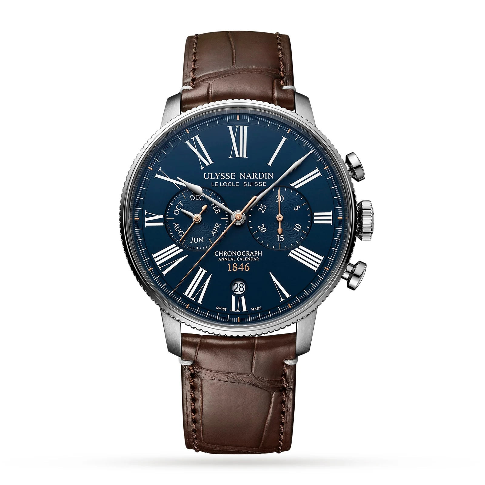 Marine Torpilleur Annual Chronograph | 43.5mm, Steel, Alligator Leather, Blue Dial