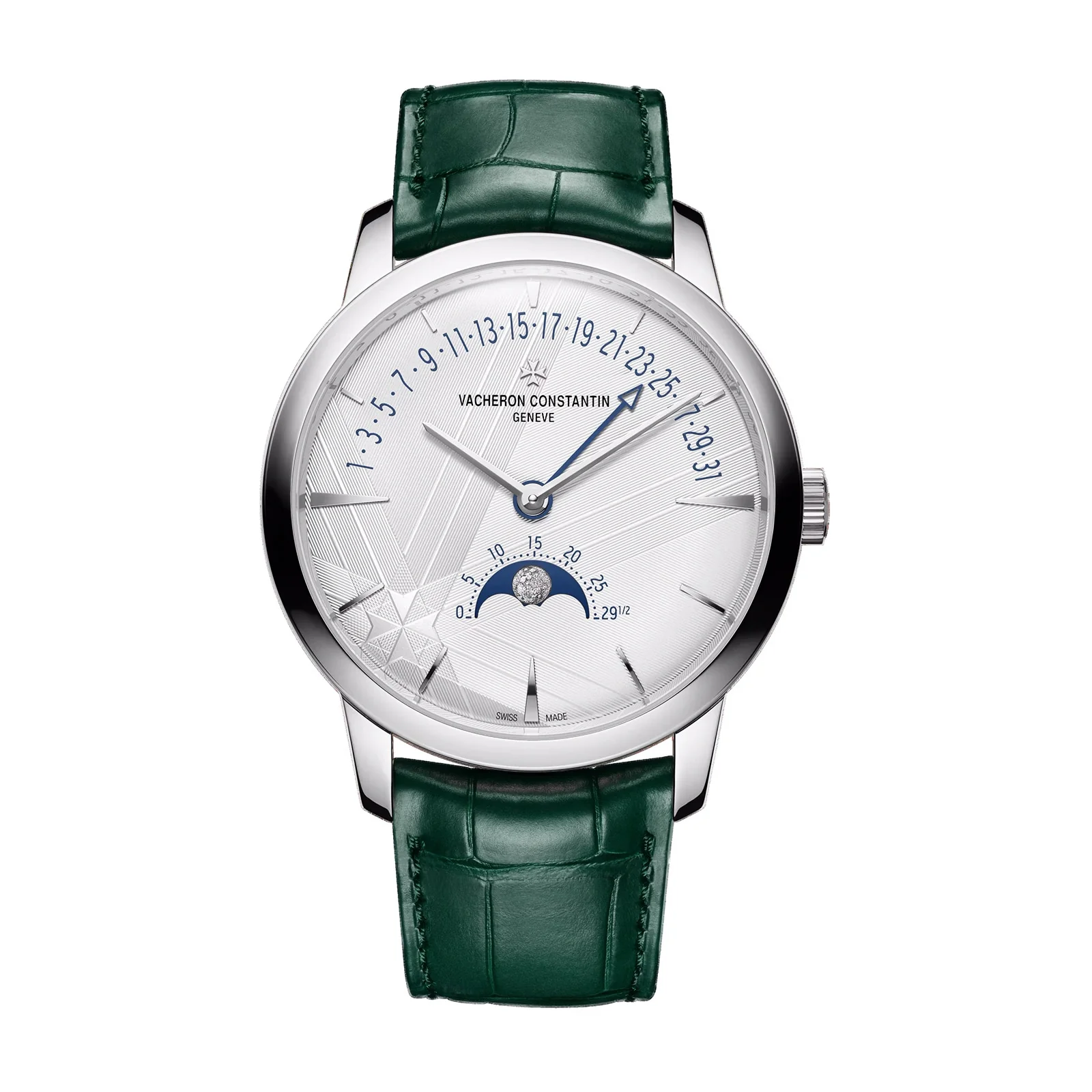 Patrimony Moon Phase Retrograde Date | 42.5mm, 18K White Gold, Leather, Texture, Silver Dial