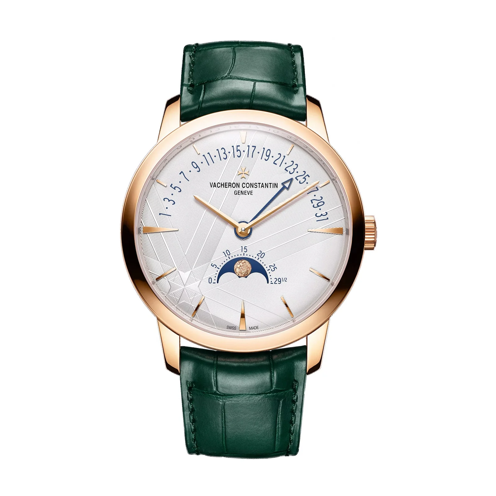 Patrimony Moon Phase Retrograde Date | 42.5mm, 18K Rose Gold, Leather, Silver Dial